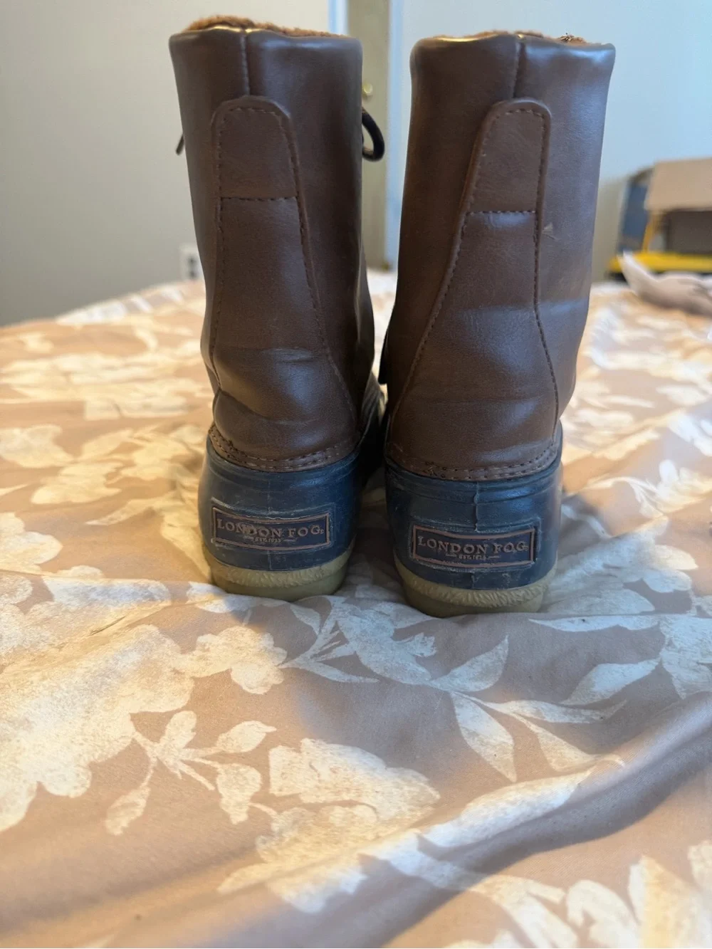London Fog Brown Leather and Navy Rubber Duck Boots